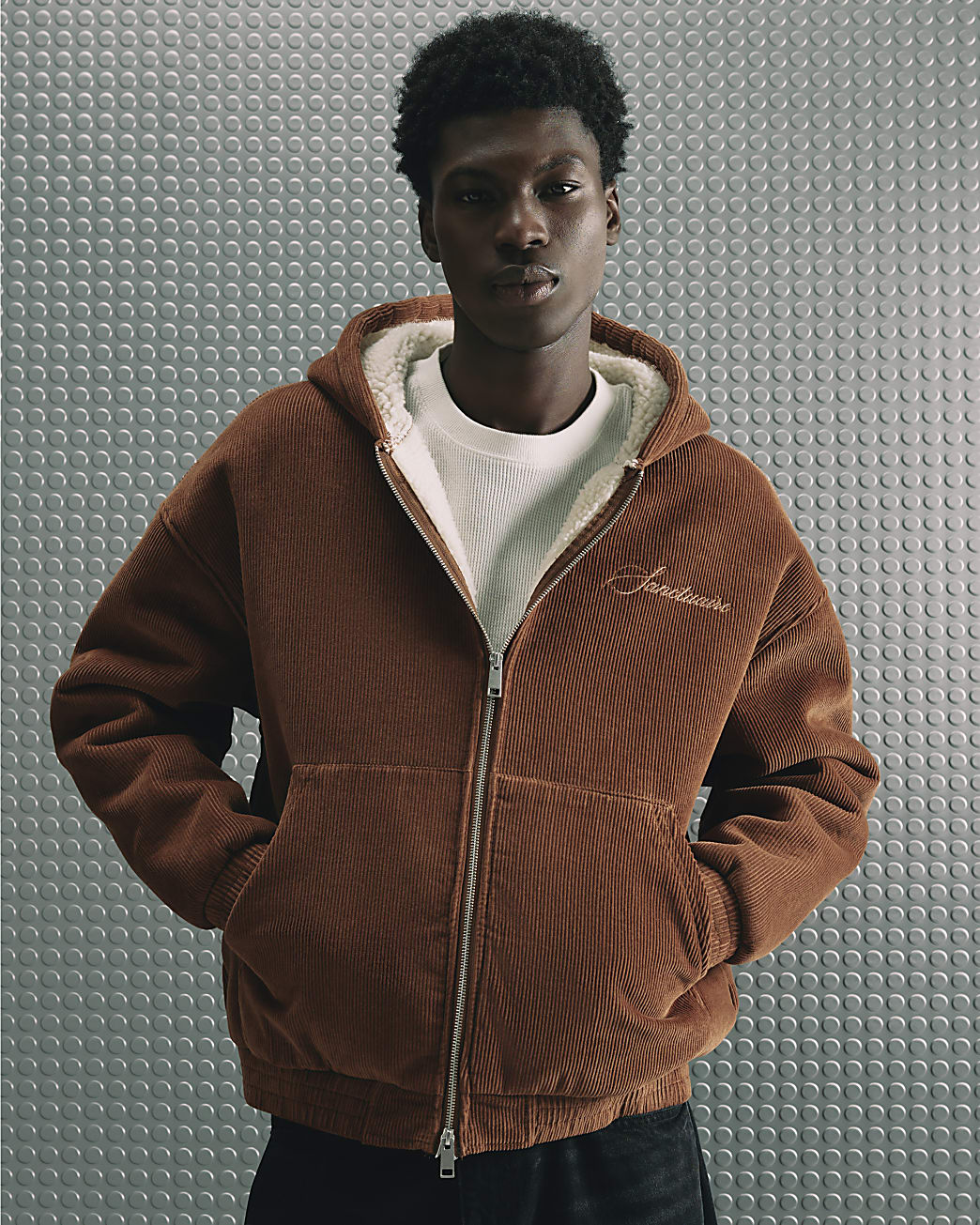Borg Lined Corduroy Hoodie in Brown - Image 3 Borg Lined Corduroy Hoodie in Brown