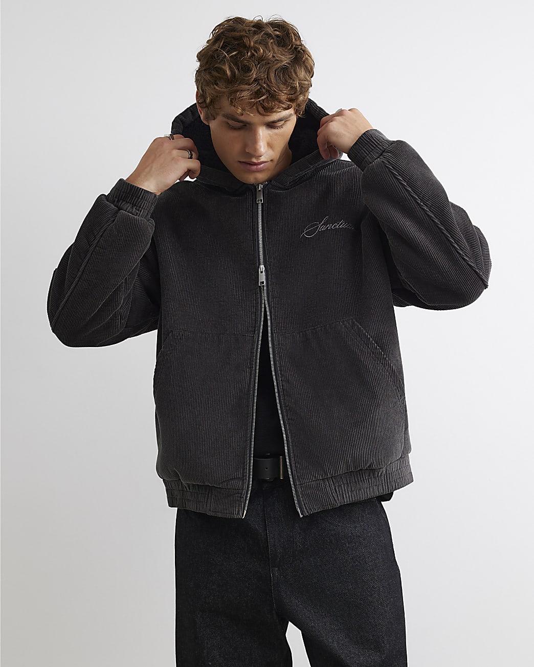 Borg Lined Corduroy Hoodie in Grey - Image 2 Borg Lined Corduroy Hoodie in Grey