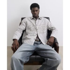 Boxy Fit Cotton Applique Check Shirt in Beige