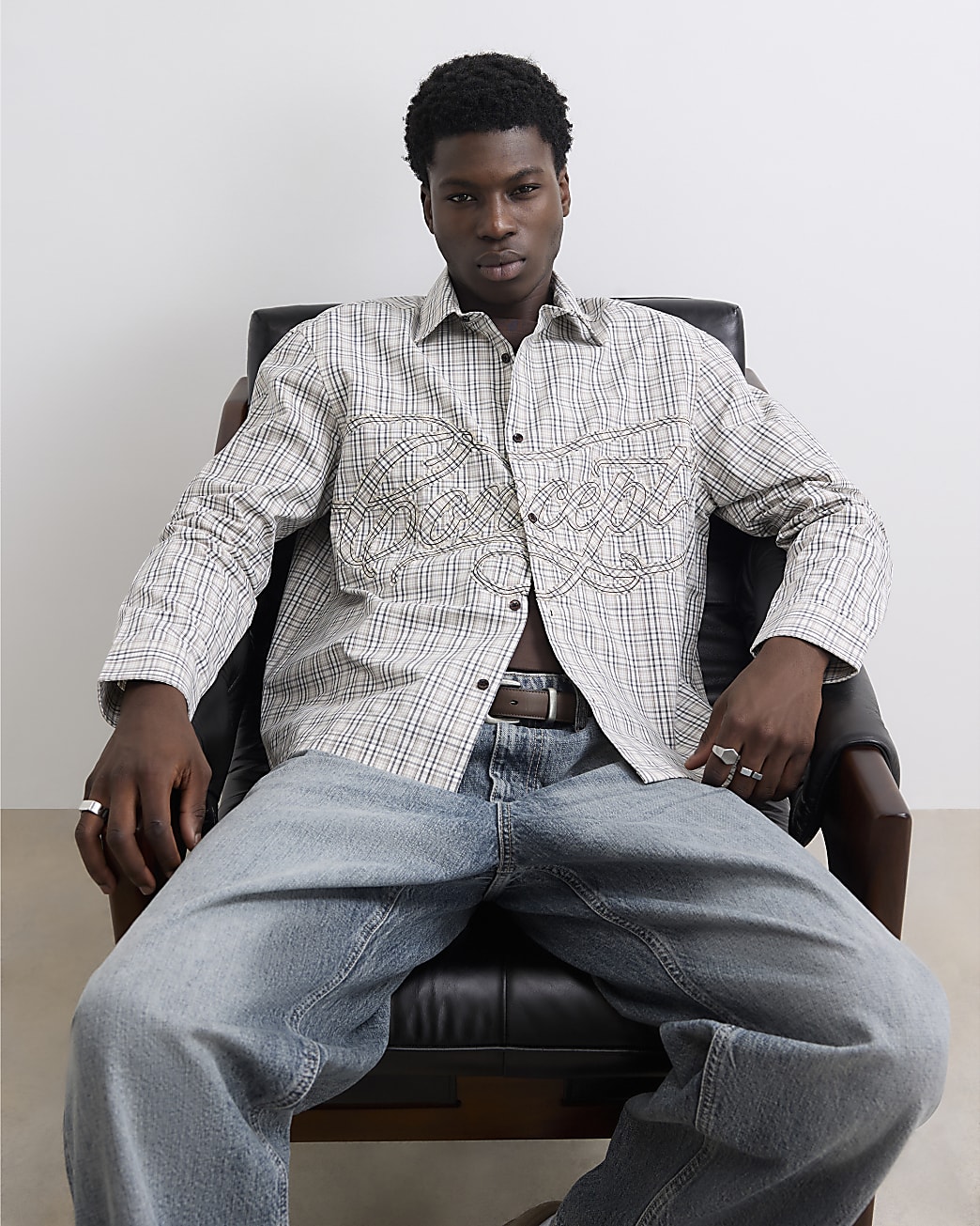 Boxy Fit Cotton Applique Check Shirt in Beige - Image 2 Boxy Fit Cotton Applique Check Shirt in Beige