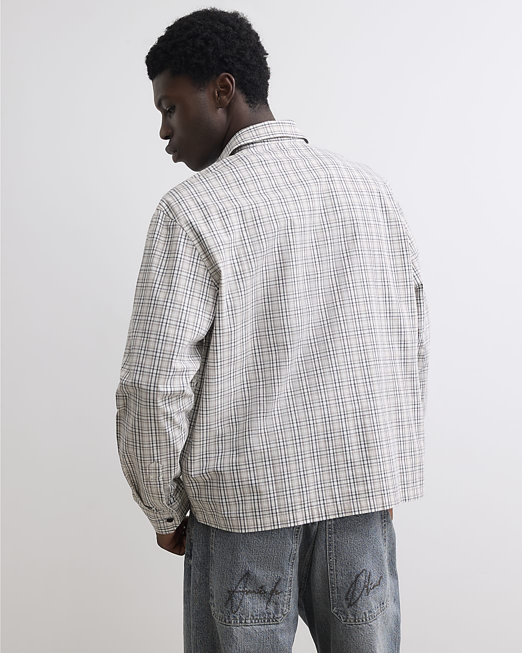 Boxy Fit Cotton Applique Check Shirt in Beige - Image 3 Boxy Fit Cotton Applique Check Shirt in Beige