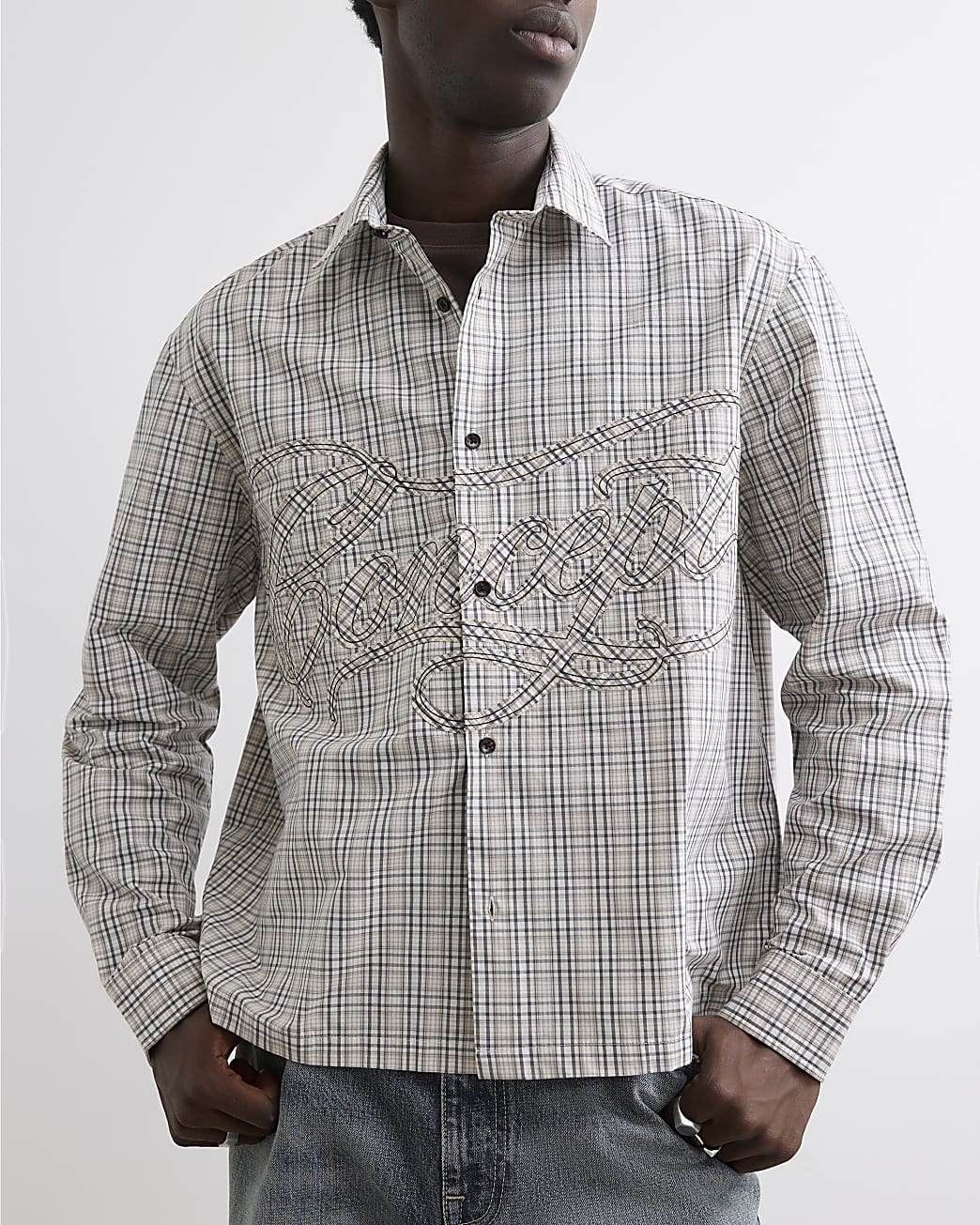 Boxy Fit Cotton Applique Check Shirt in Beige - Image 4 Boxy Fit Cotton Applique Check Shirt in Beige