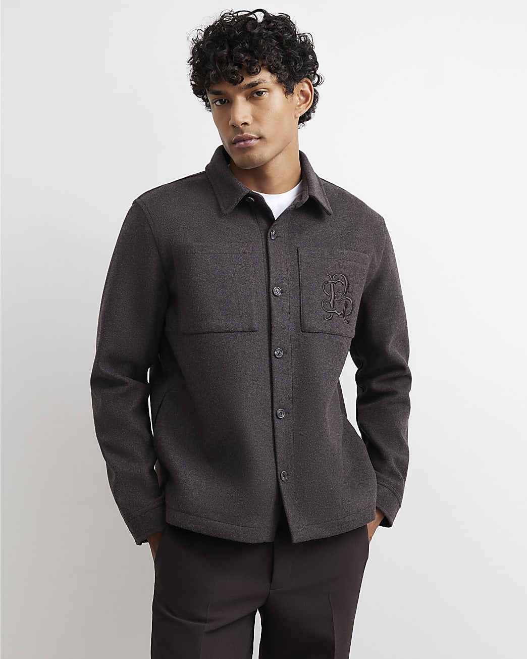 Cotton Embroidered Overshirt in Brown - Image 2 Cotton Embroidered Overshirt in Brown