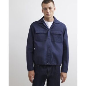 Cotton Hooded Snap Button Overshirt in Navy
