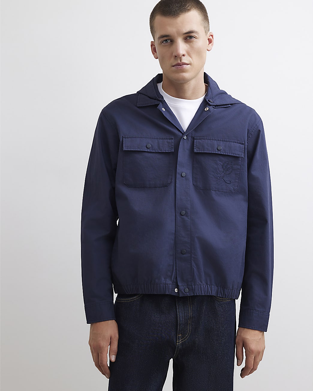 Cotton Hooded Snap Button Overshirt in Navy - Image 2 Cotton Hooded Snap Button Overshirt in Navy