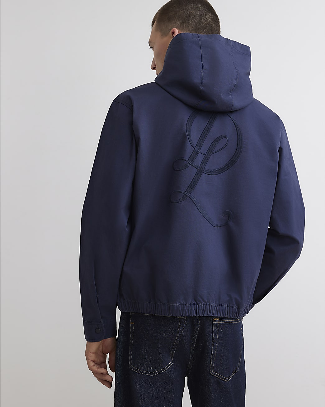 Cotton Hooded Snap Button Overshirt in Navy - Image 3 Cotton Hooded Snap Button Overshirt in Navy