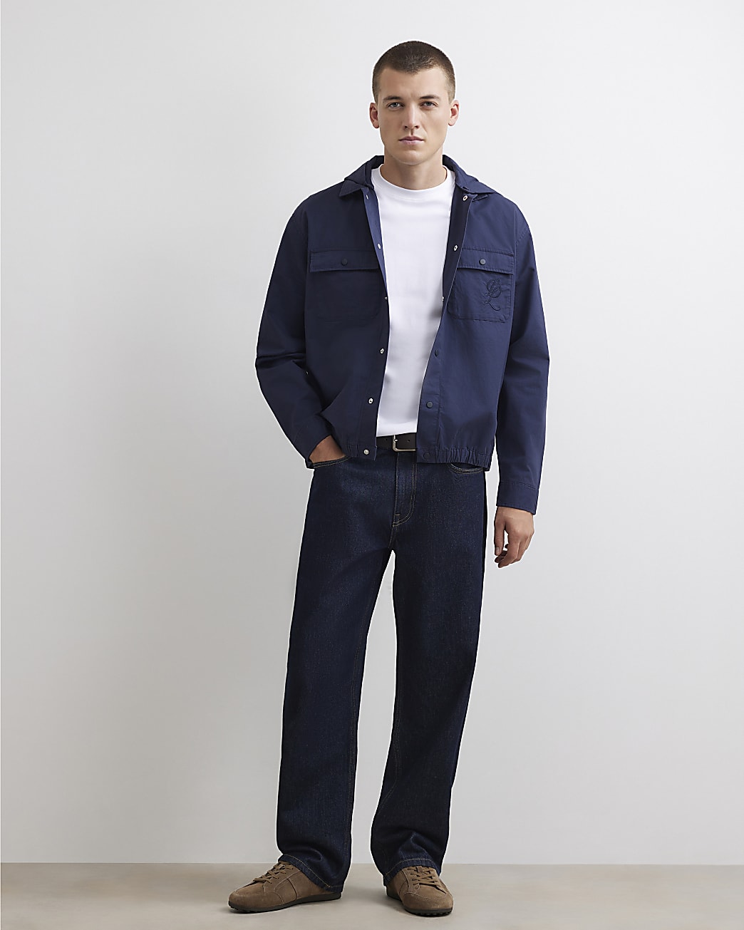 Cotton Hooded Snap Button Overshirt in Navy - Image 4 Cotton Hooded Snap Button Overshirt in Navy