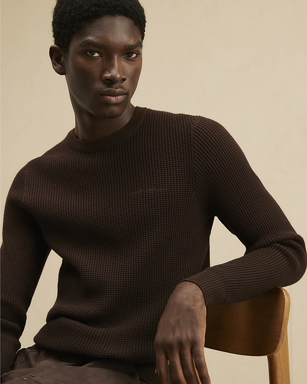 Cotton Waffle Knitted Jumper in Brown - Image 2 Cotton Waffle Knitted Jumper in Brown