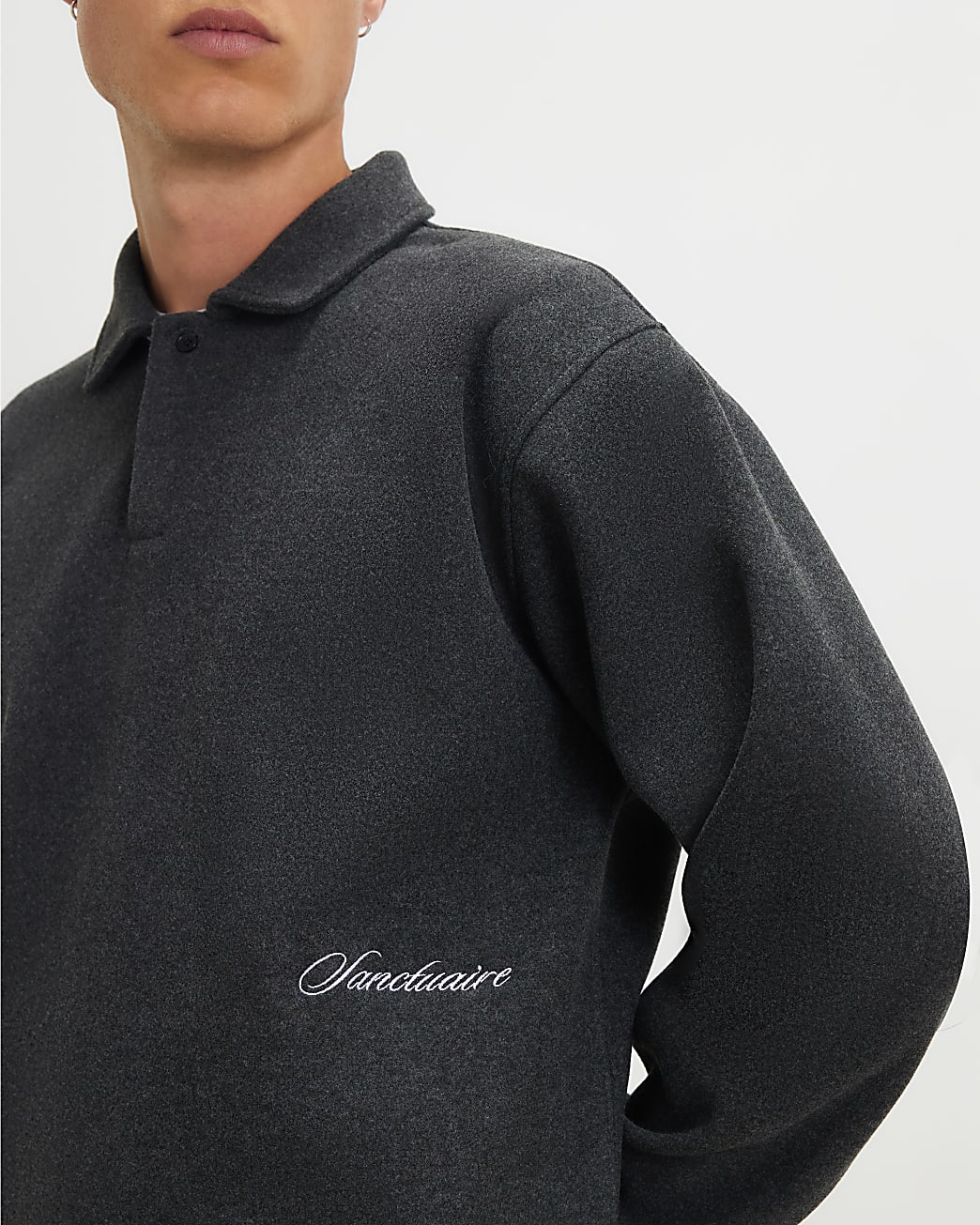 Embroidered Buttoned Polo Sweatshirt in Grey - Image 3 Embroidered Buttoned Polo Sweatshirt in Grey
