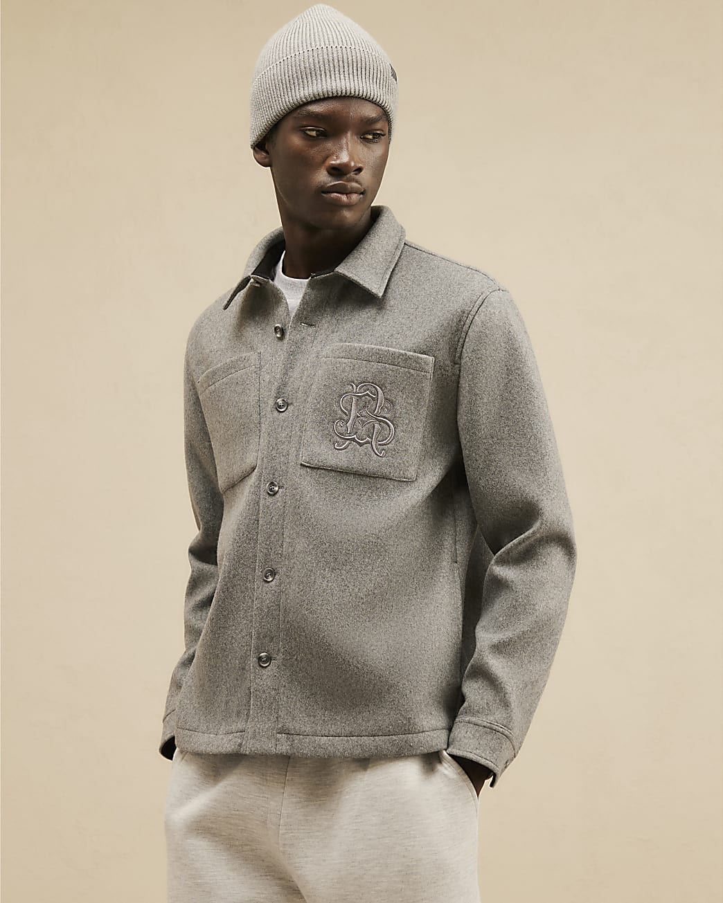Embroidered Chest Pocket Overshirt in Grey - Image 2 Embroidered Chest Pocket Overshirt in Grey