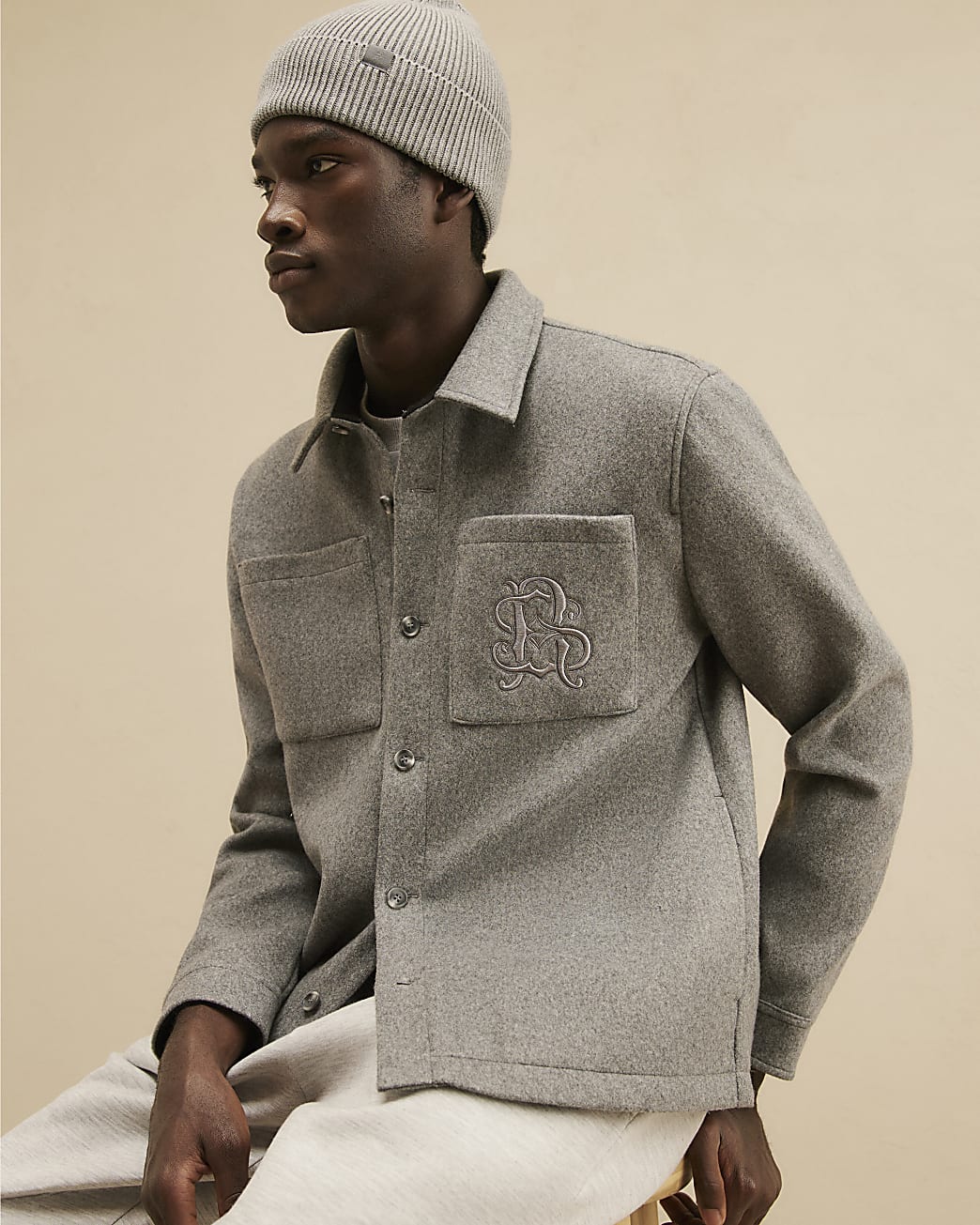Embroidered Chest Pocket Overshirt in Grey - Image 3 Embroidered Chest Pocket Overshirt in Grey