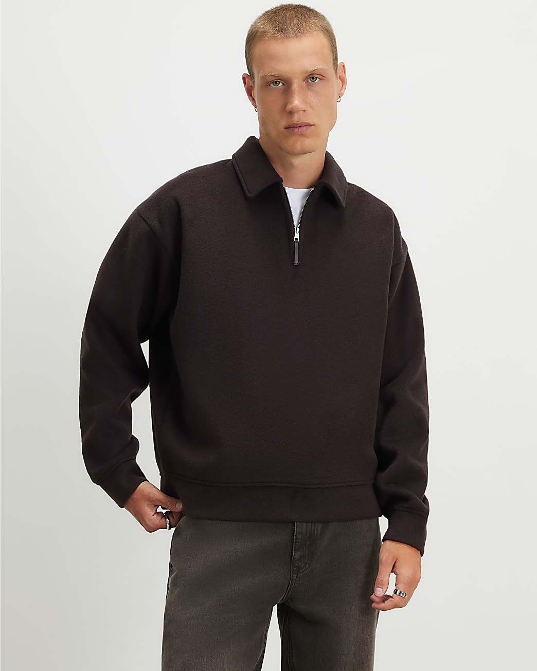 Embroidered Quarter Zip Polo Sweatshirt in Brown - Image 2 Embroidered Quarter Zip Polo Sweatshirt in Brown
