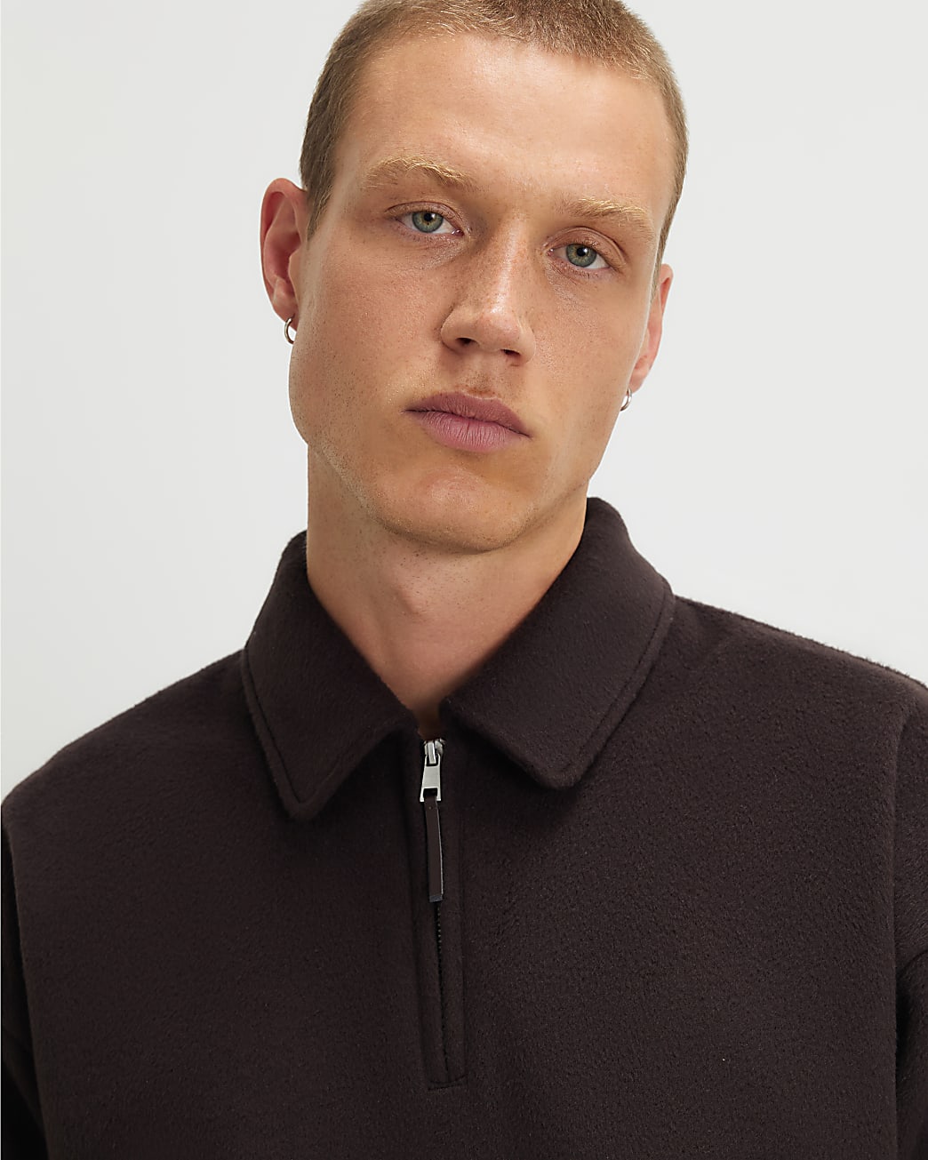 Embroidered Quarter Zip Polo Sweatshirt in Brown - Image 3 Embroidered Quarter Zip Polo Sweatshirt in Brown