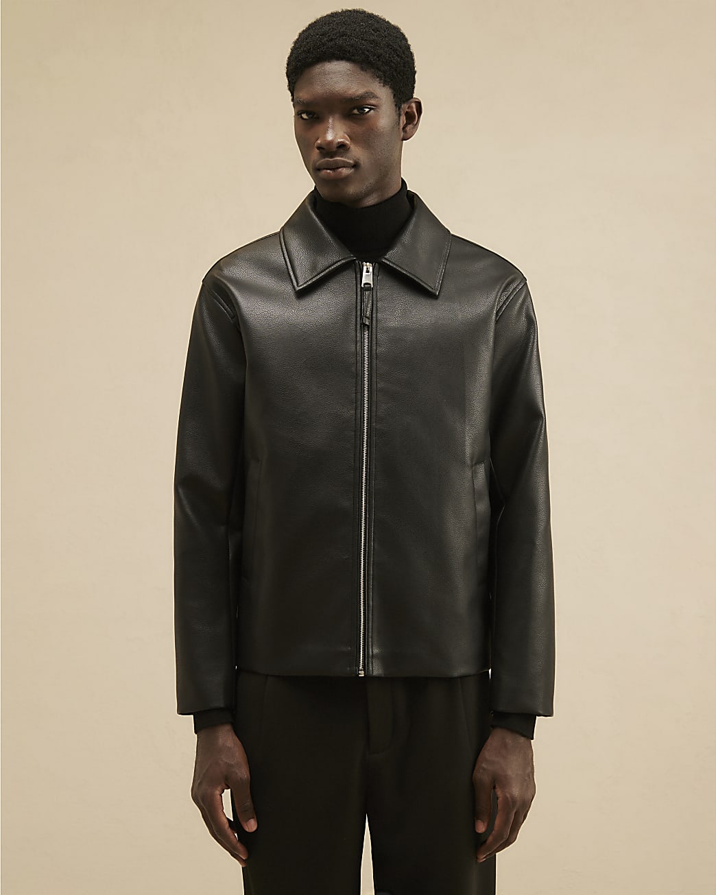 Faux Leather Harrington Zip Jacket in Black - Image 2 Faux Leather Harrington Zip Jacket in Black
