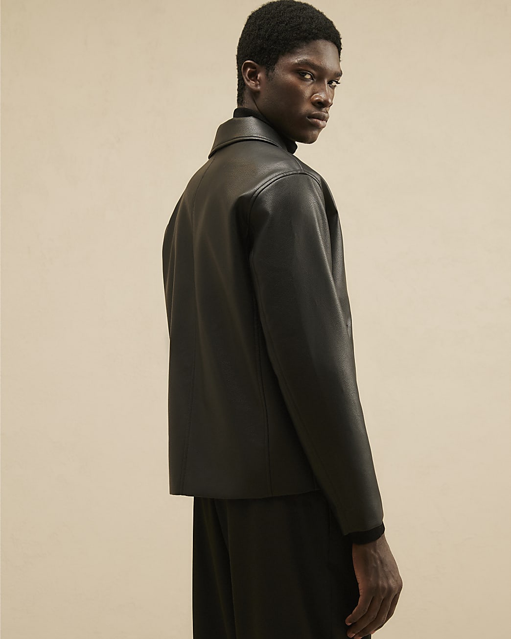 Faux Leather Harrington Zip Jacket in Black - Image 3 Faux Leather Harrington Zip Jacket in Black