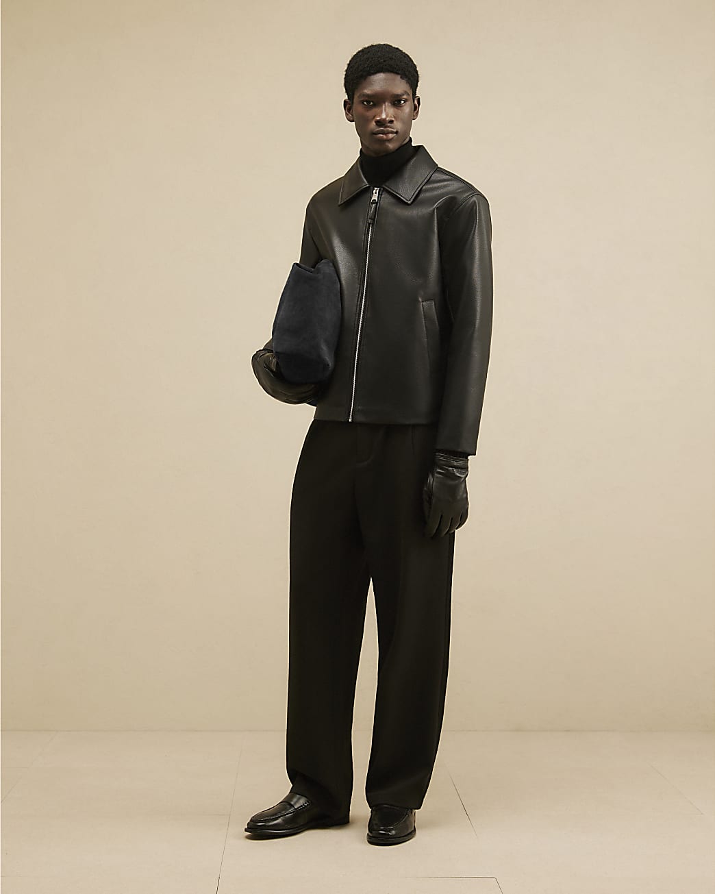 Faux Leather Harrington Zip Jacket in Black - Image 4 Faux Leather Harrington Zip Jacket in Black