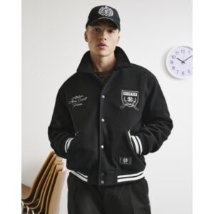 Felted Varsity Bomber Jacket in Black