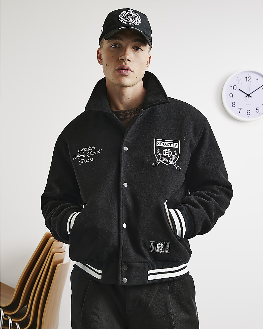 Felted Varsity Bomber Jacket in Black - Image 2 Felted Varsity Bomber Jacket in Black