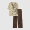 Japanese Print Loungewear Set in Brown