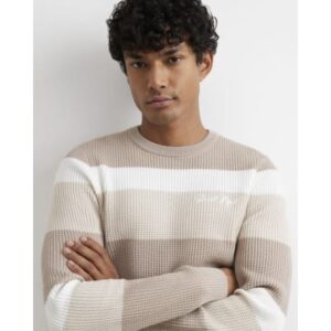 Knitted Stripe Cotton Blend Jumper in Beige