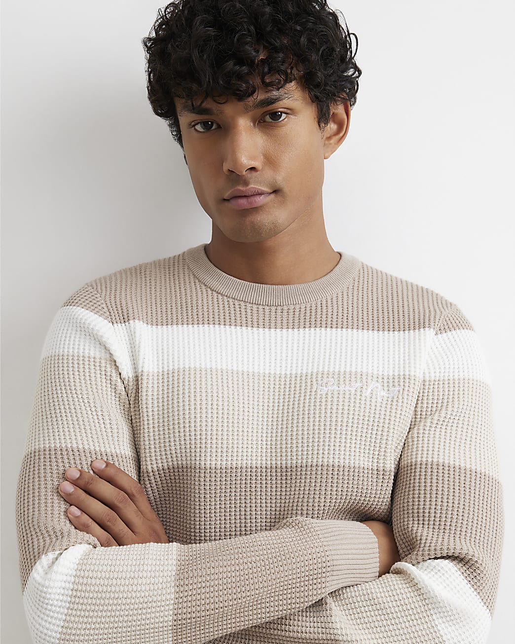 Knitted Stripe Cotton Blend Jumper in Beige - Image 2 Knitted Stripe Cotton Blend Jumper in Beige