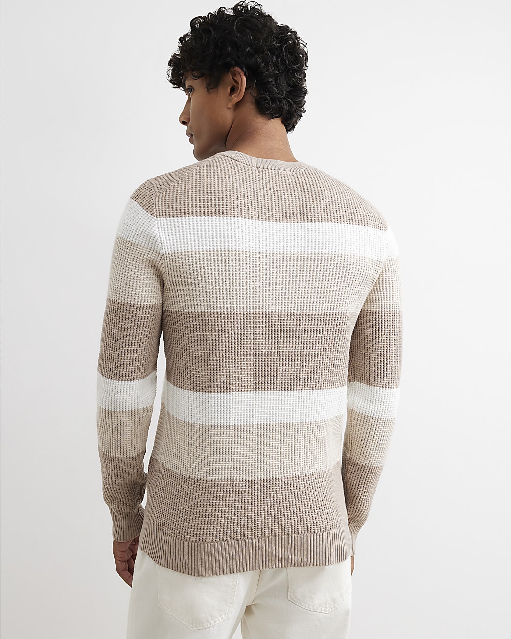 Knitted Stripe Cotton Blend Jumper in Beige - Image 3 Knitted Stripe Cotton Blend Jumper in Beige