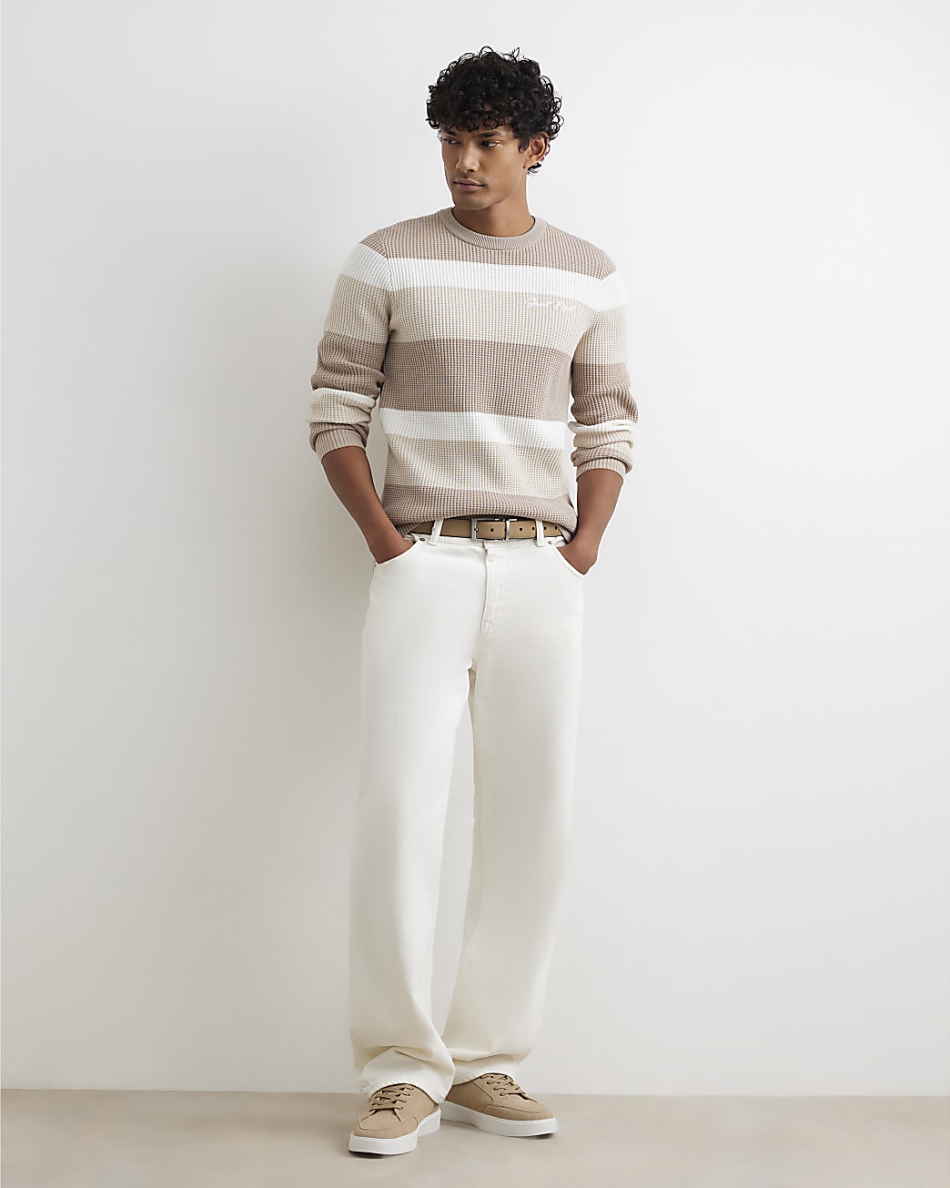 Knitted Stripe Cotton Blend Jumper in Beige - Image 4 Knitted Stripe Cotton Blend Jumper in Beige