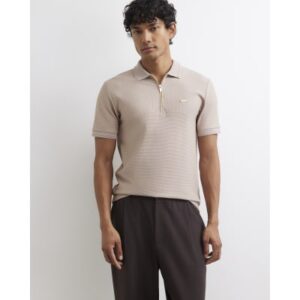 Muscle Fit Cotton Textured Polo Shirt in Beige