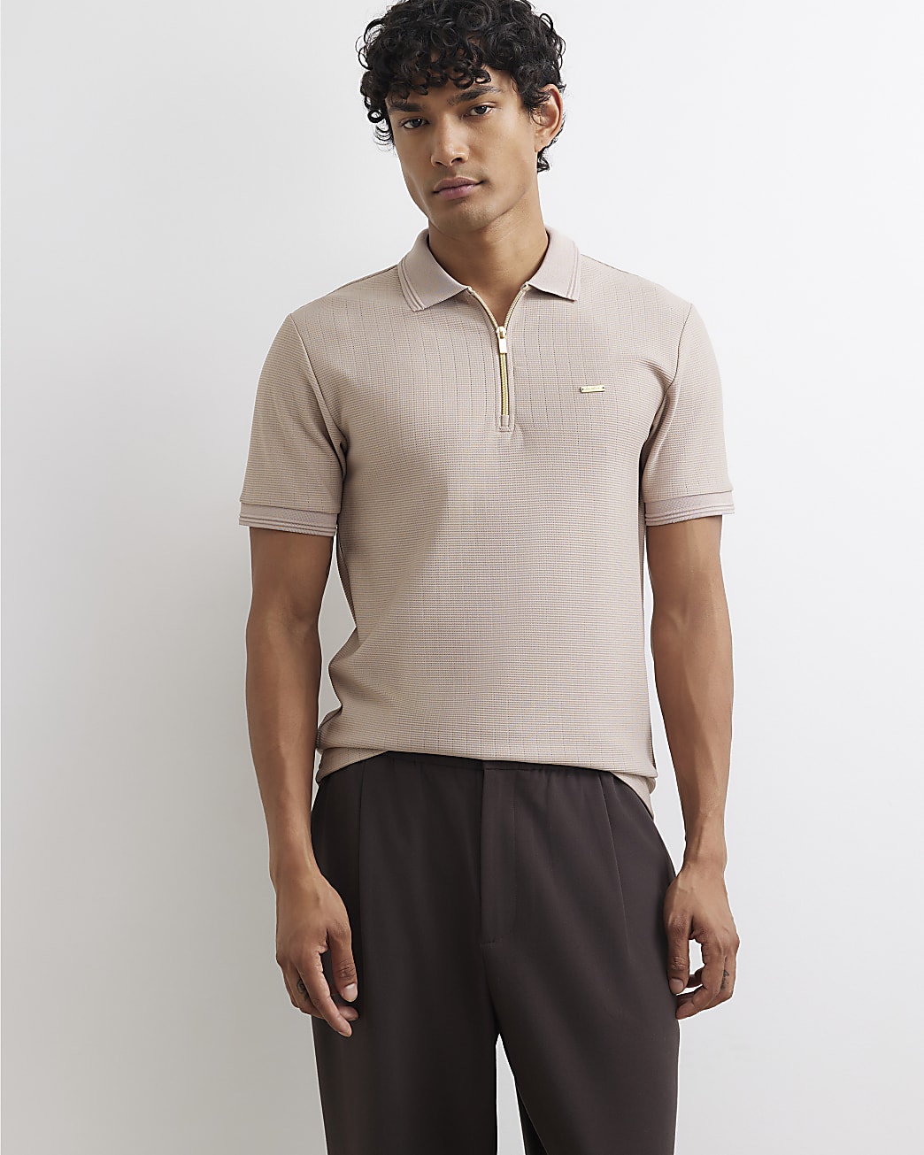 Muscle Fit Cotton Textured Polo Shirt in Beige - Image 2 Muscle Fit Cotton Textured Polo Shirt in Beige