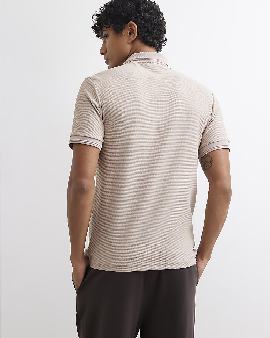 Muscle Fit Cotton Textured Polo Shirt in Beige - Image 3 Muscle Fit Cotton Textured Polo Shirt in Beige