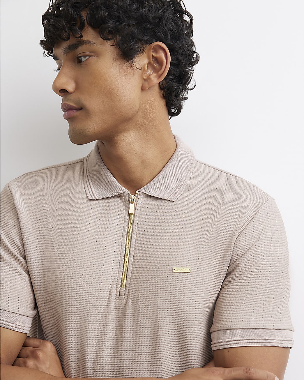 Muscle Fit Cotton Textured Polo Shirt in Beige - Image 4 Muscle Fit Cotton Textured Polo Shirt in Beige