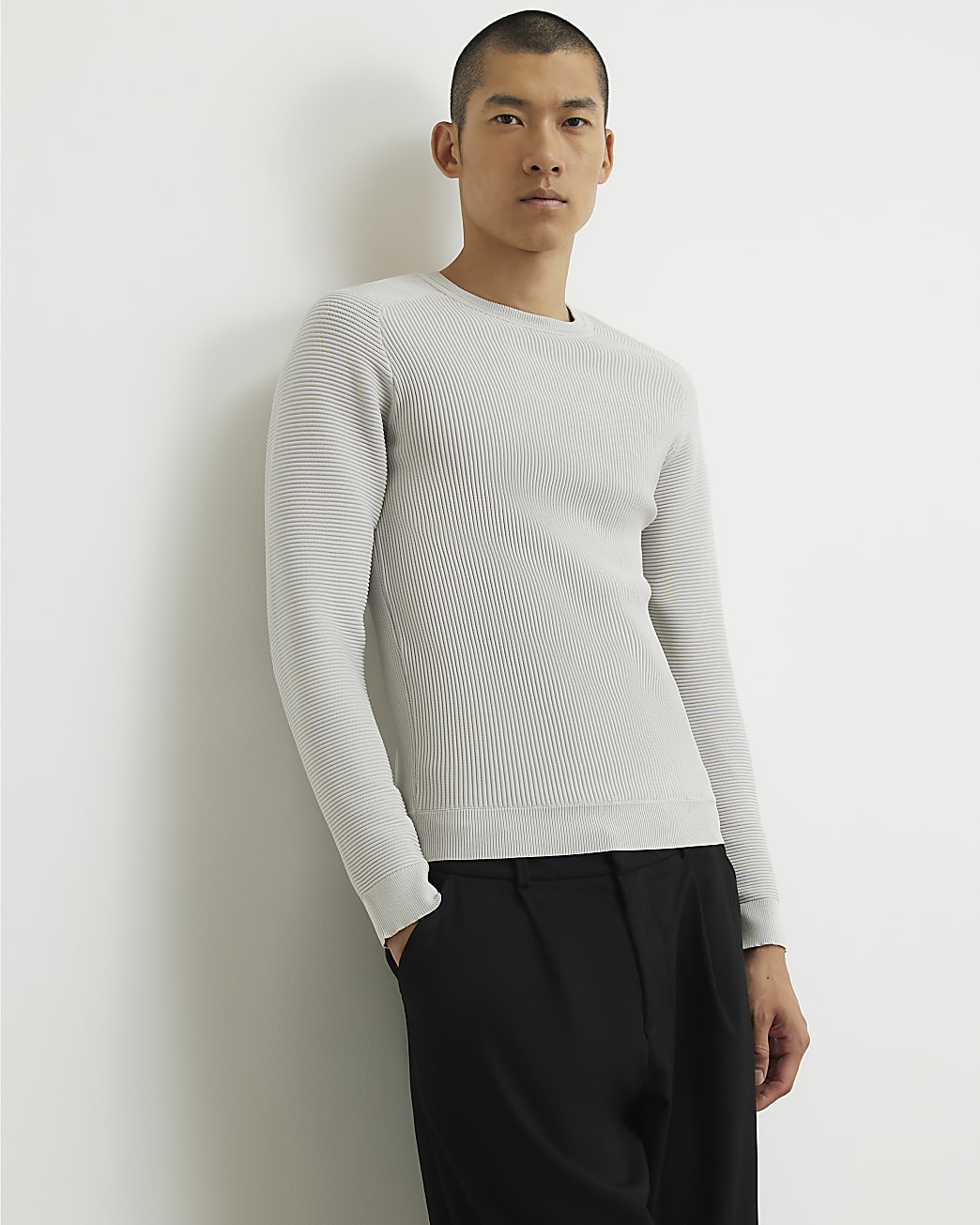 Muscle Fit Long Sleeve Jumper in Grey - Image 2 Muscle Fit Long Sleeve Jumper in Grey