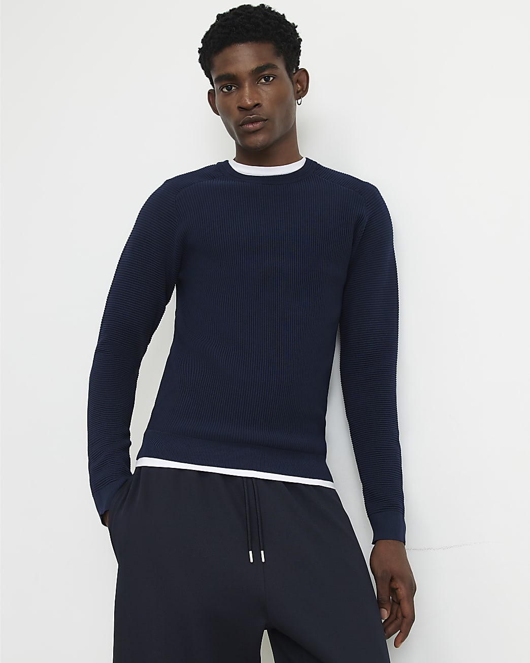 Muscle Fit Long Sleeve Jumper in Navy - Image 2 Muscle Fit Long Sleeve Jumper in Navy