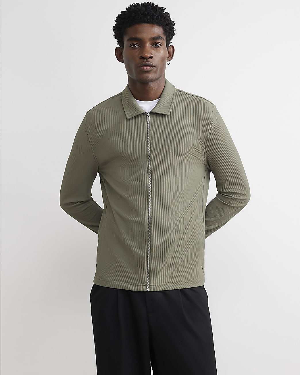 Muscle Fit Ribbed Overshirt in Khaki - Image 2 Muscle Fit Ribbed Overshirt in Khaki