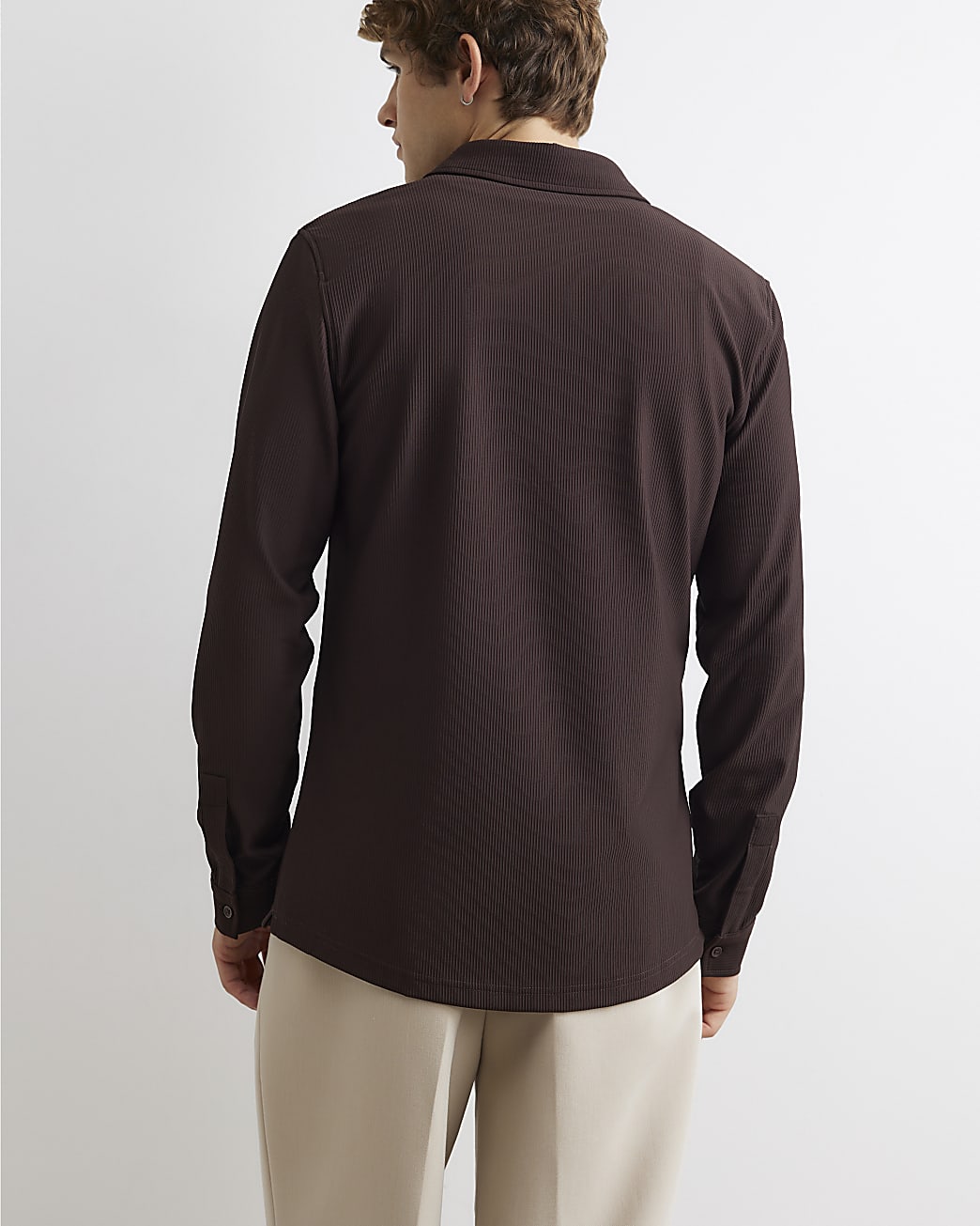 Muscle Fit Ribbed Shirt in Brown - Image 3 Muscle Fit Ribbed Shirt in Brown