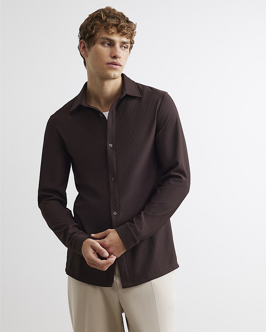 Muscle Fit Ribbed Shirt in Brown - Image 4 Muscle Fit Ribbed Shirt in Brown