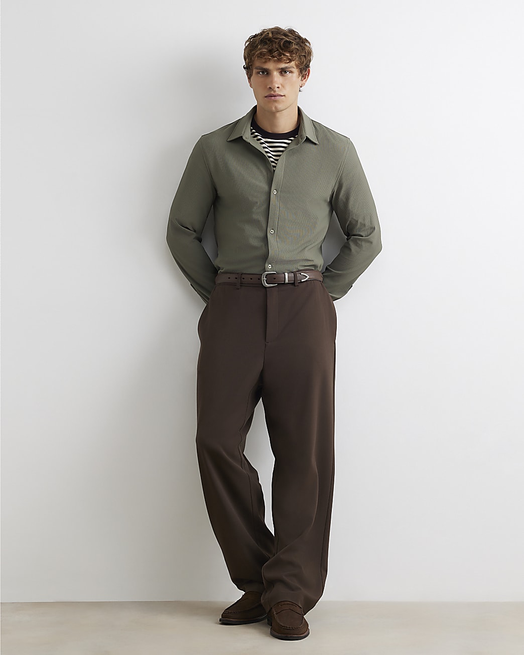Muscle Fit Ribbed Shirt in Khaki - Image 2 Muscle Fit Ribbed Shirt in Khaki