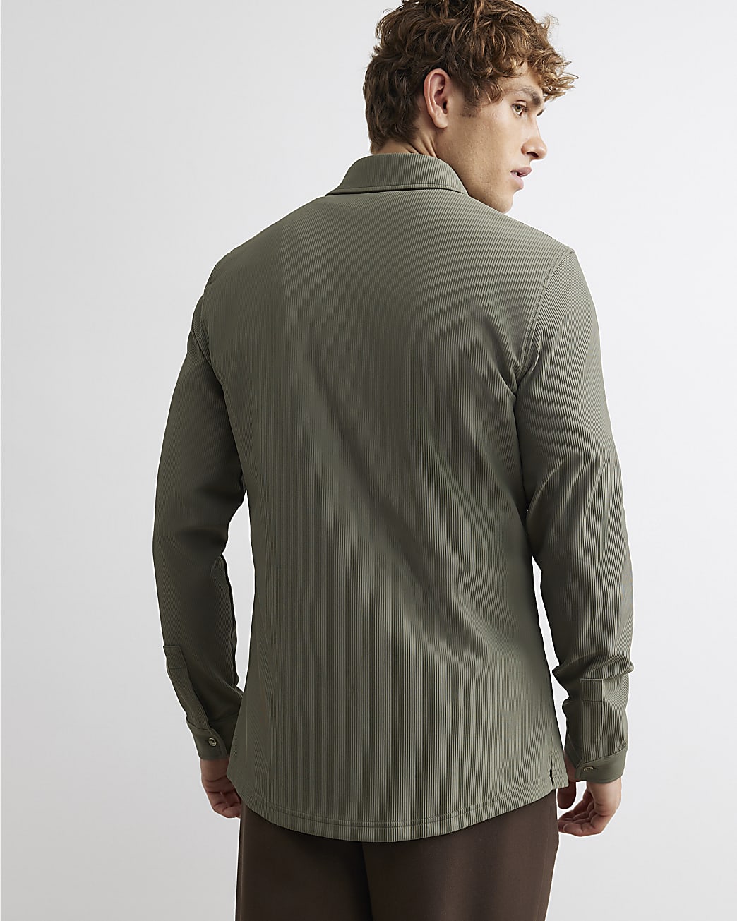Muscle Fit Ribbed Shirt in Khaki - Image 3 Muscle Fit Ribbed Shirt in Khaki