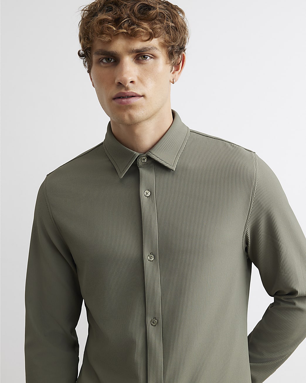 Muscle Fit Ribbed Shirt in Khaki - Image 4 Muscle Fit Ribbed Shirt in Khaki