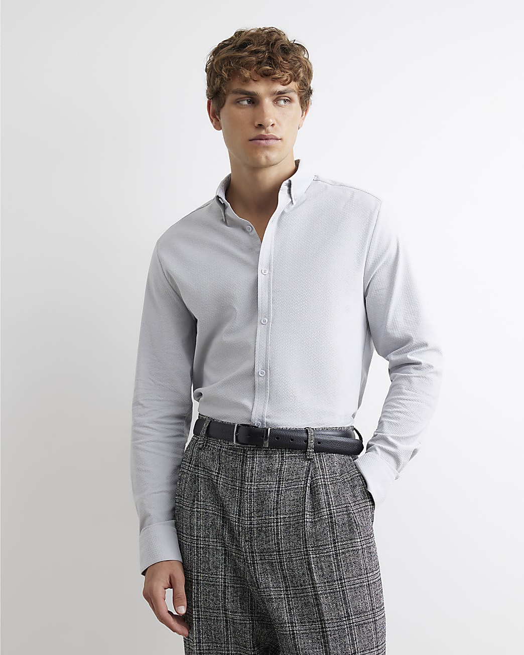 Muscle Fit Textured Long Sleeve Shirt in Grey - Image 2 Muscle Fit Textured Long Sleeve Shirt in Grey