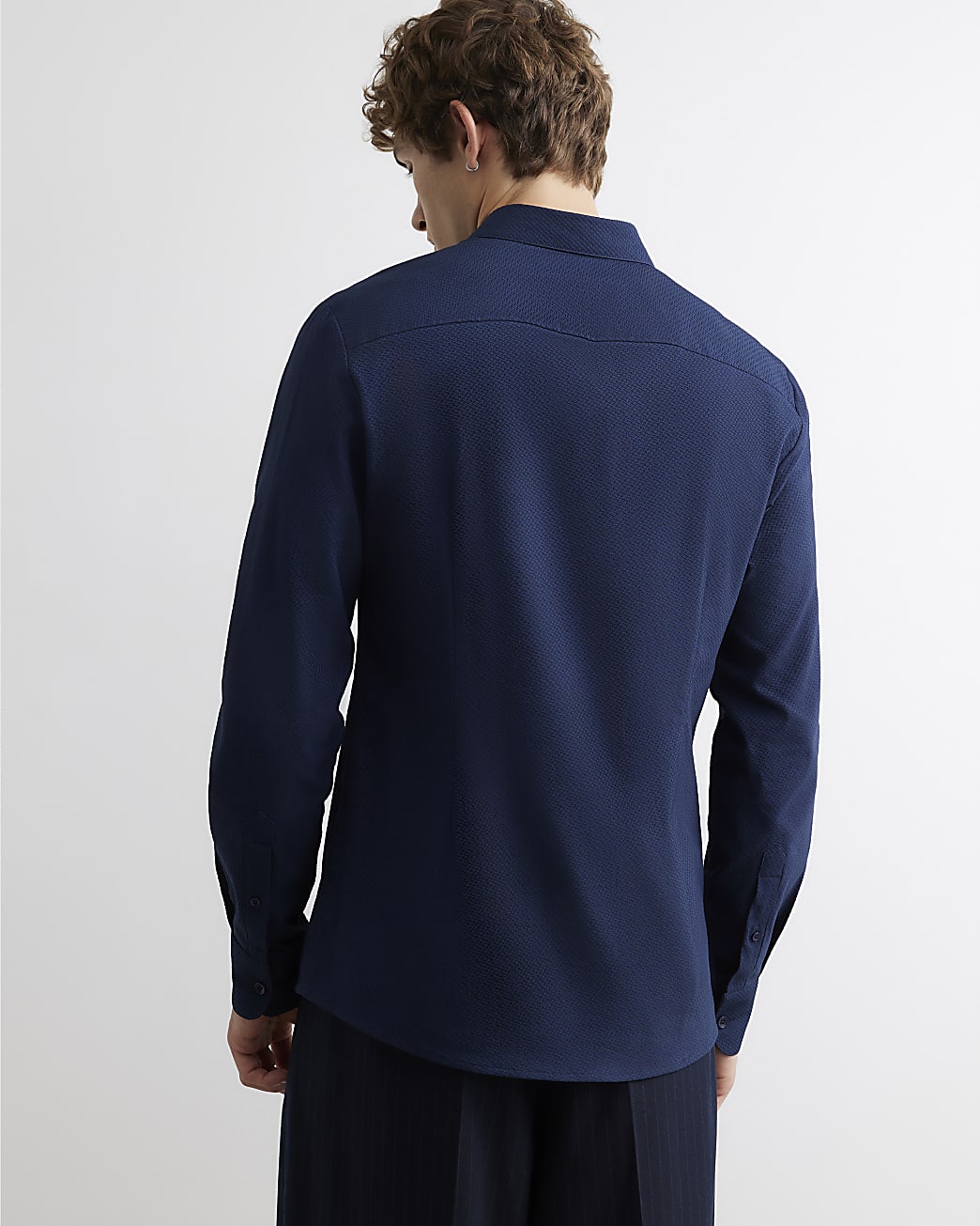 Muscle Fit Textured Long Sleeve Shirt in Navy - Image 3 Muscle Fit Textured Long Sleeve Shirt in Navy