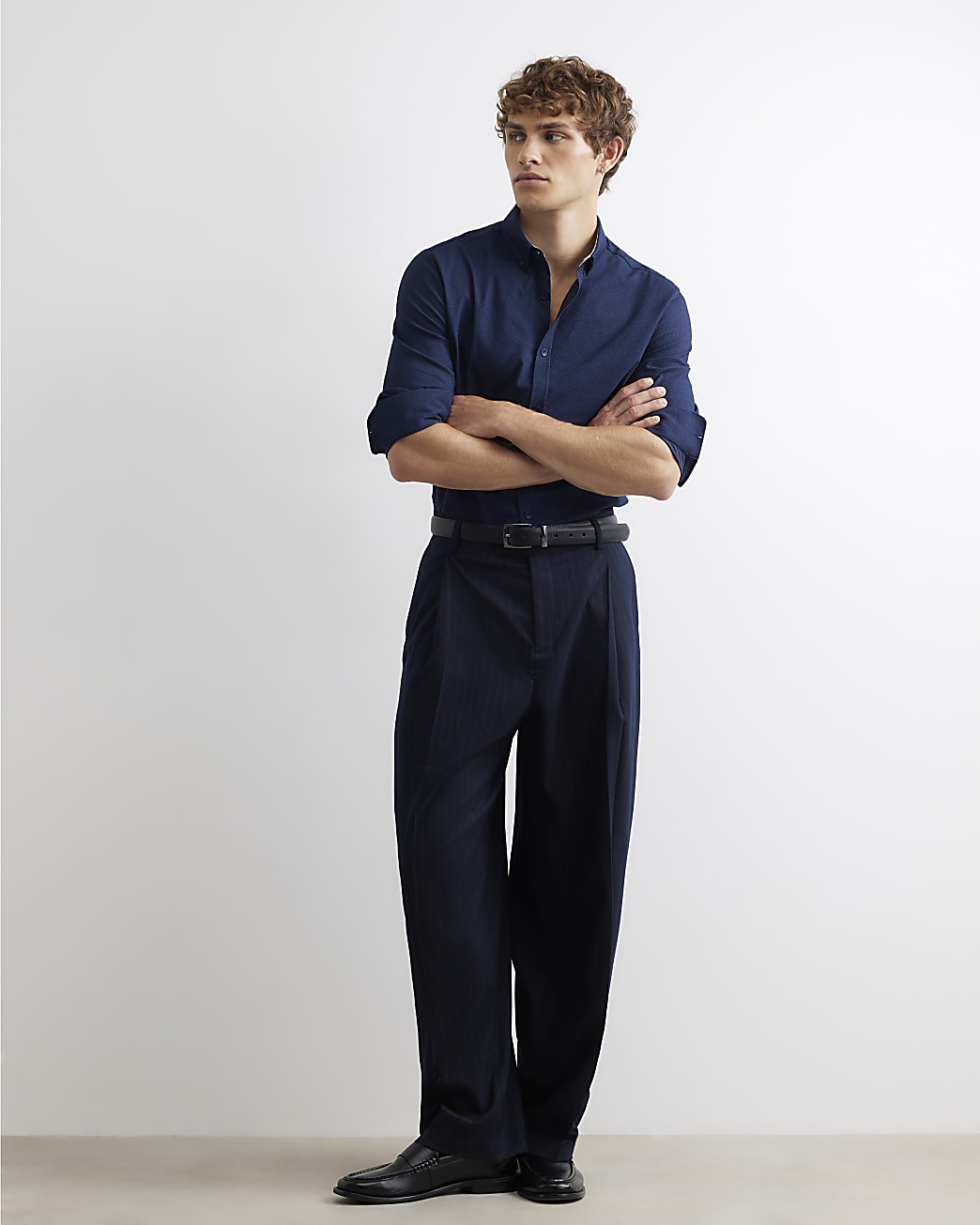 Muscle Fit Textured Long Sleeve Shirt in Navy - Image 4 Muscle Fit Textured Long Sleeve Shirt in Navy