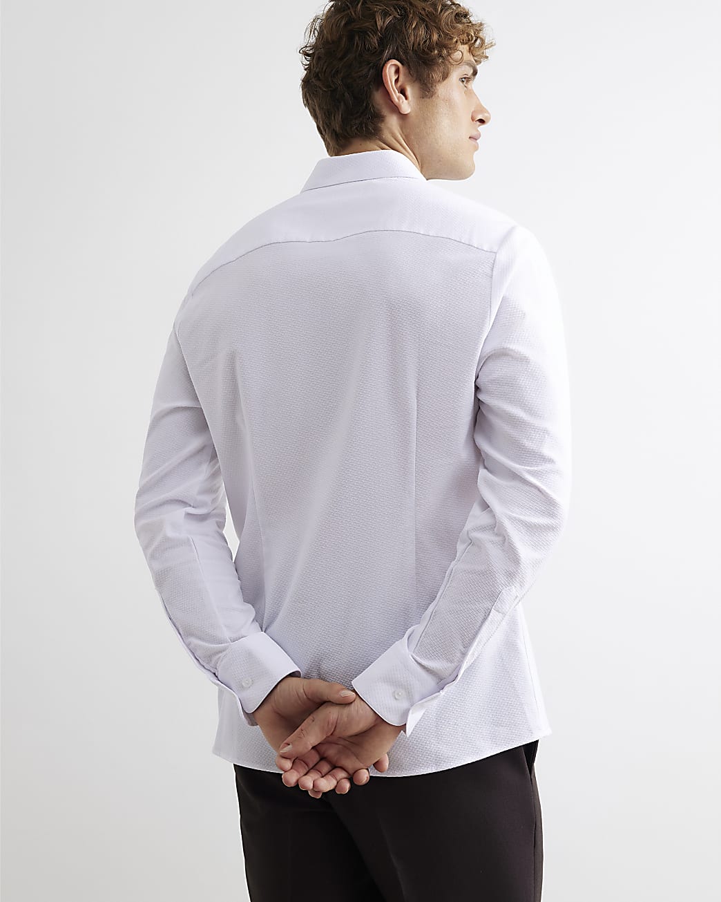 Muscle Fit Textured Long Sleeve Shirt in White - Image 3 Muscle Fit Textured Long Sleeve Shirt in White