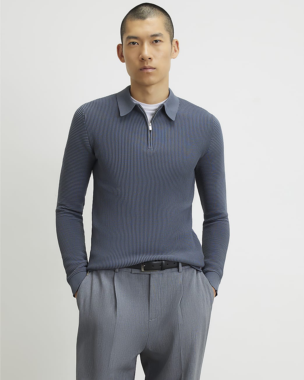 Muscle Fit Textured Polo Shirt in Grey - Image 2 Muscle Fit Textured Polo Shirt in Grey