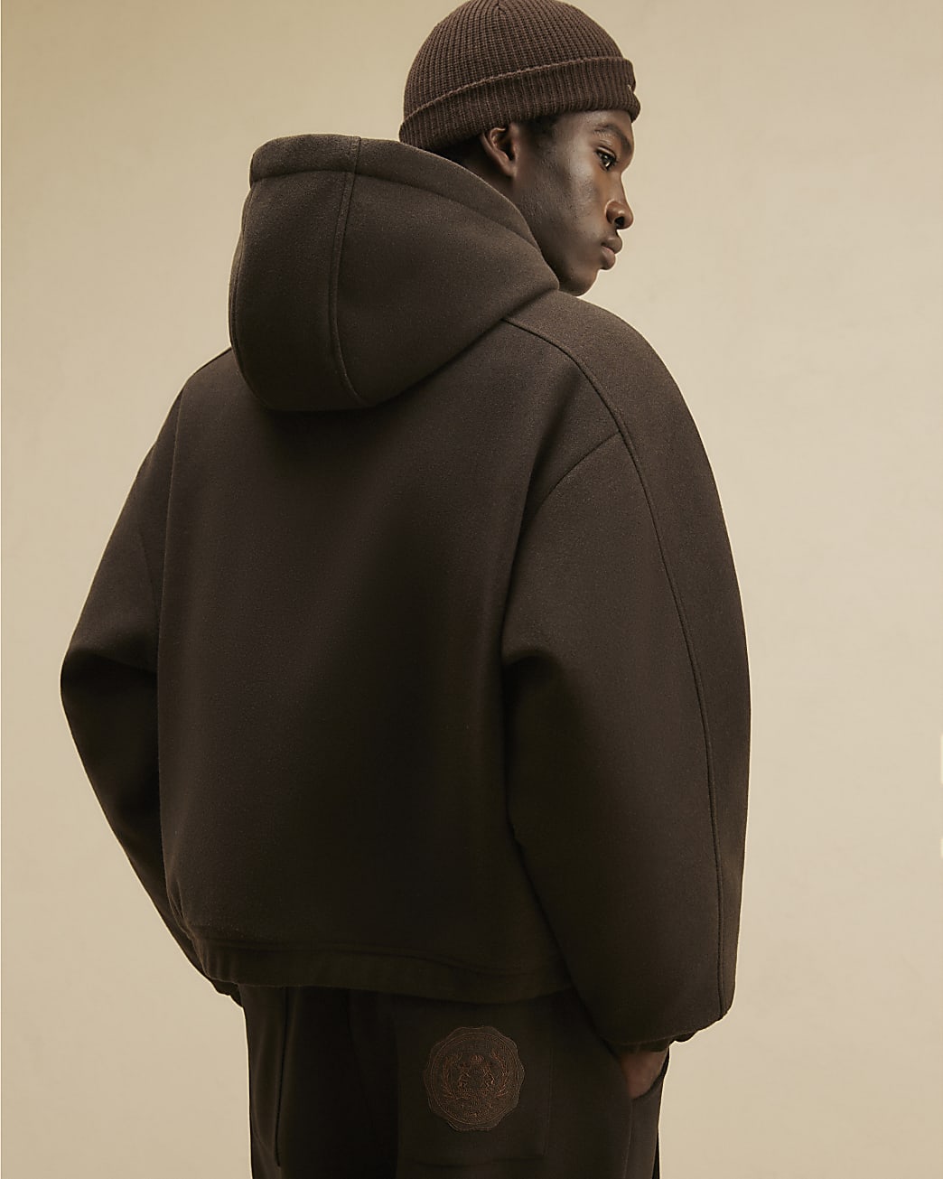 Oversized Fit Crest Quilted Hoodie in Brown - Image 3 Oversized Fit Crest Quilted Hoodie in Brown