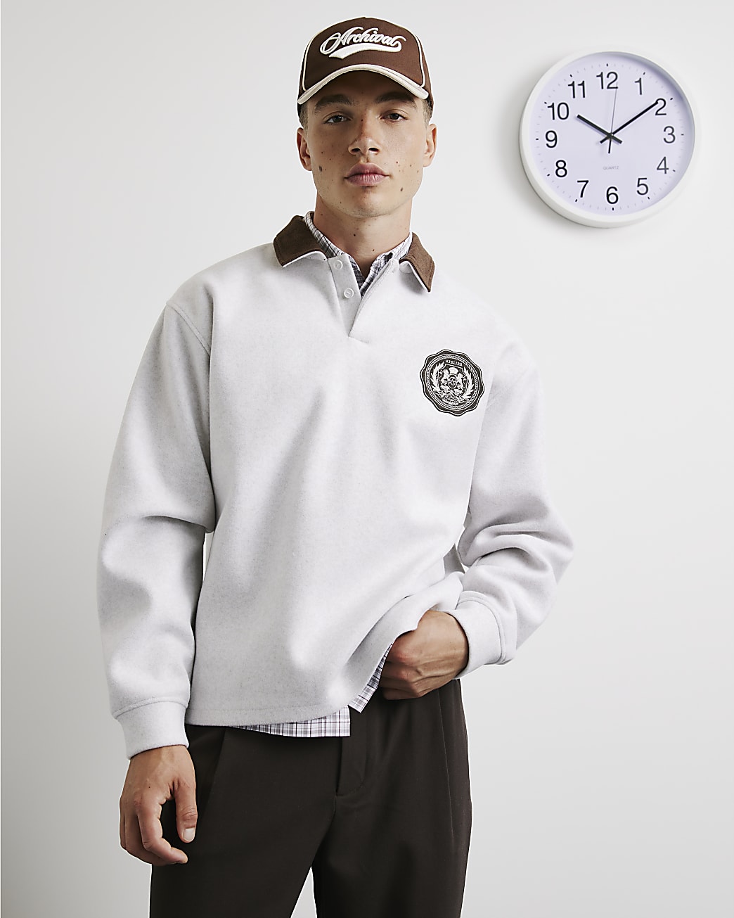 Oversized Fit Felt Crest Polo Shirt in Grey - Image 4 Oversized Fit Felt Crest Polo Shirt in Grey