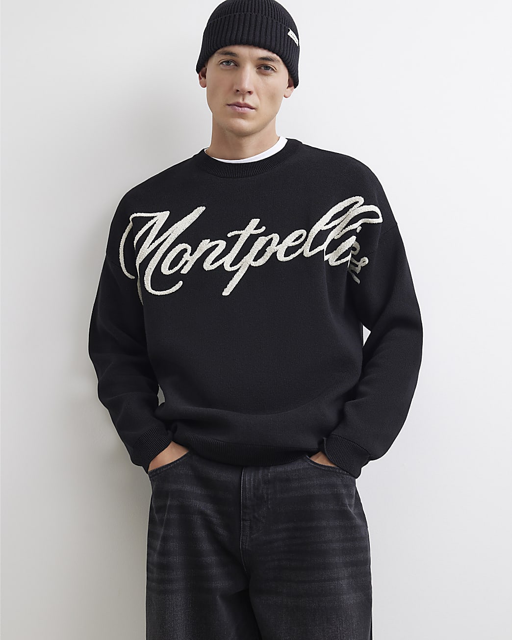 Oversized Fit Knit Montpellier Jumper in Black - Image 2 Oversized Fit Knit Montpellier Jumper in Black