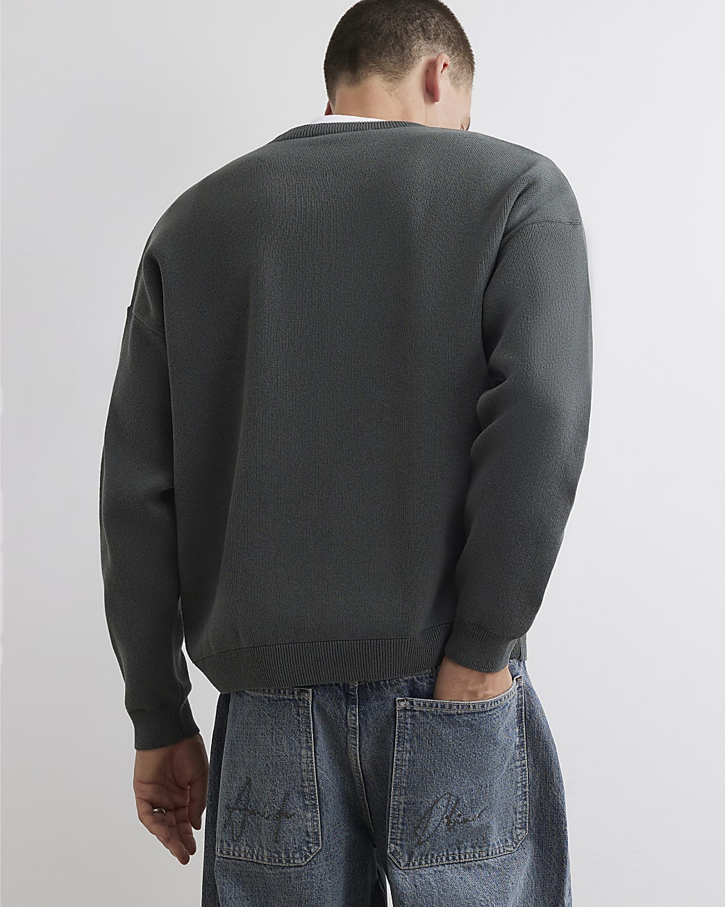 Oversized Fit Knit Montpellier Jumper in Khaki - Image 3 Oversized Fit Knit Montpellier Jumper in Khaki