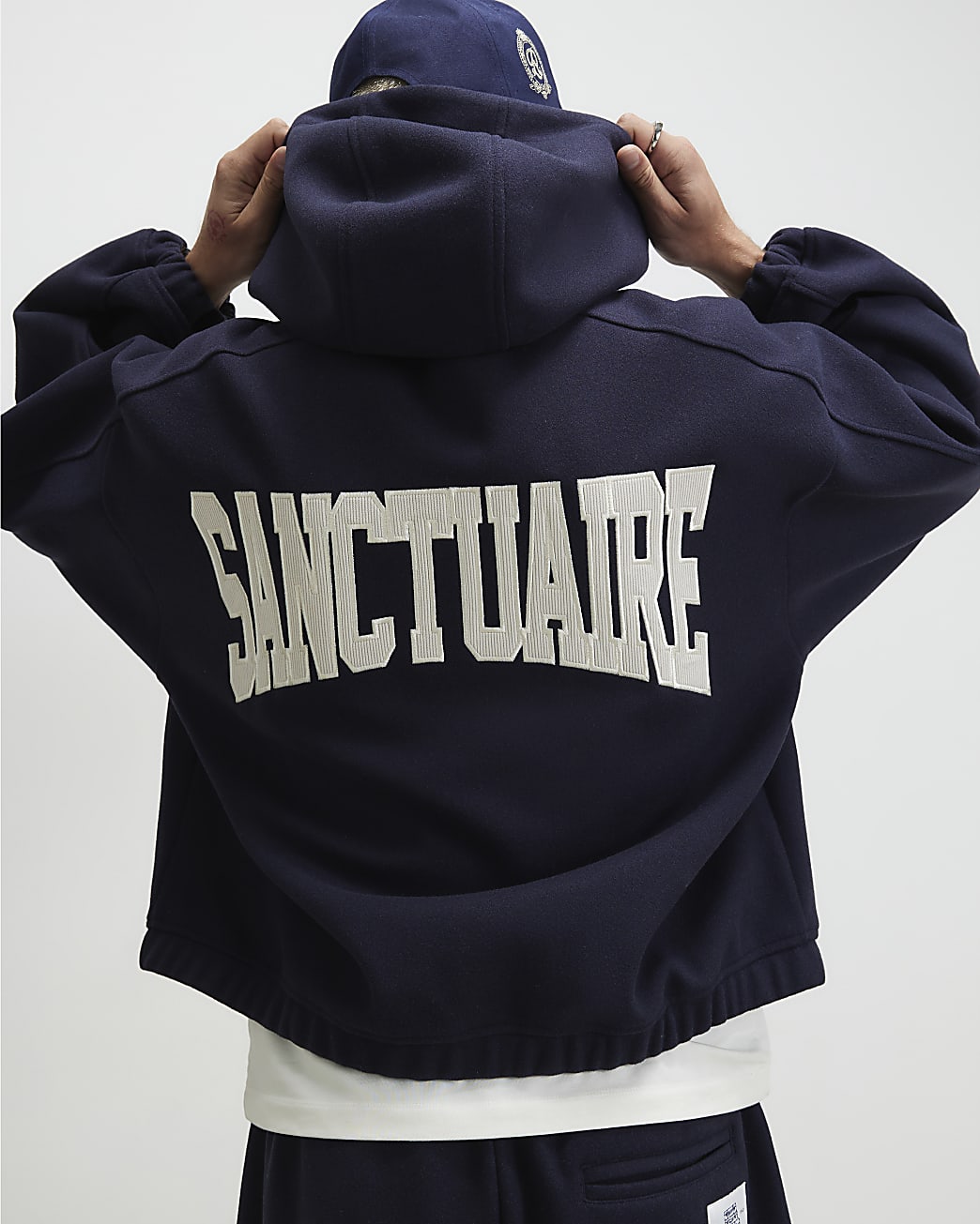 Oversized Fit Sanctuaire Hoodie in Navy - Image 2 Oversized Fit Sanctuaire Hoodie in Navy