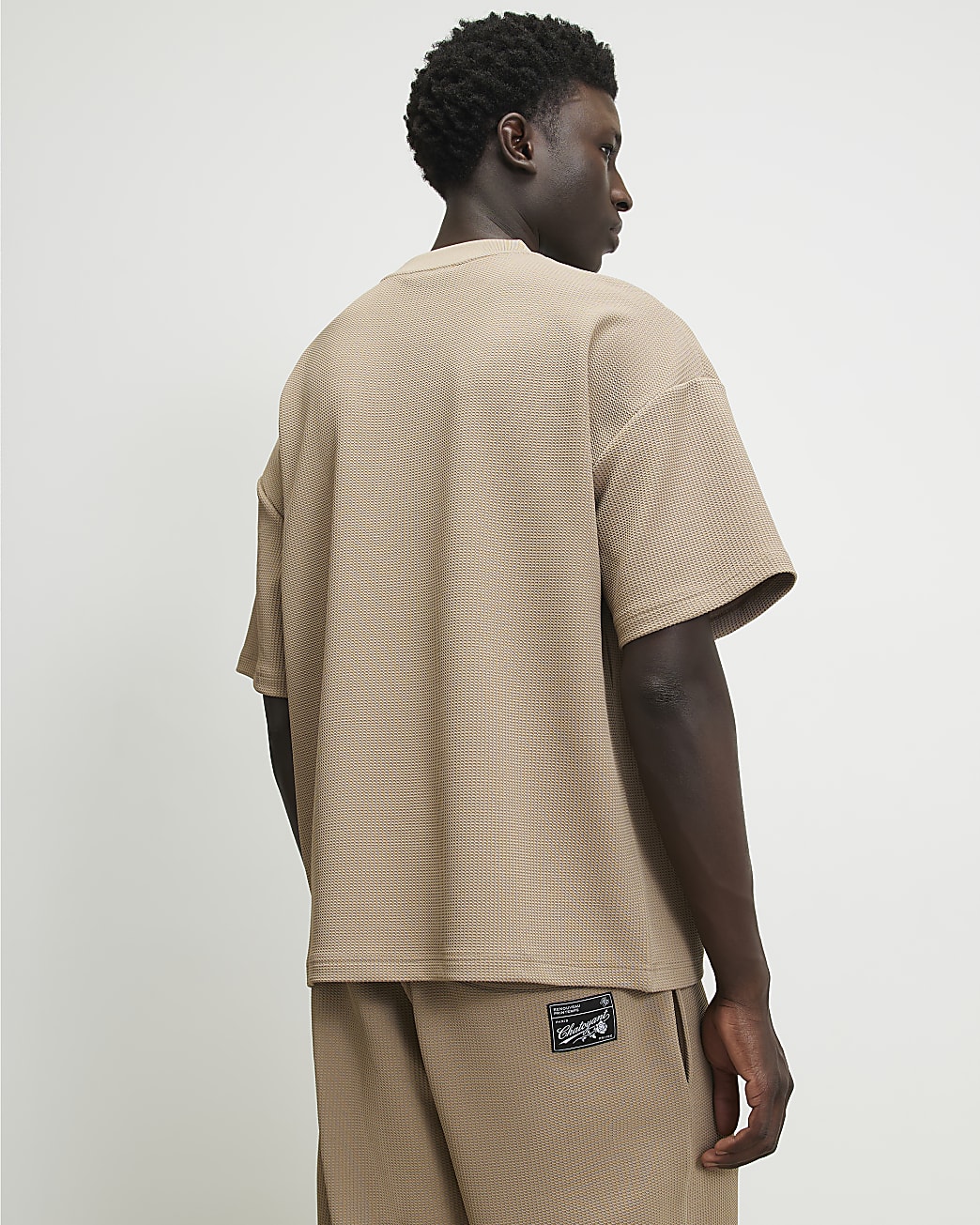 Oversized Fit Waffle Textured T-shirt in Beige - Image 3 Oversized Fit Waffle Textured T-shirt in Beige